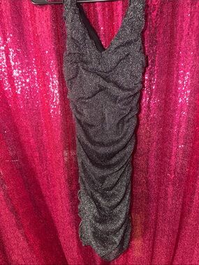 Express Sleeveless Silver Ruched V-Neck Dress